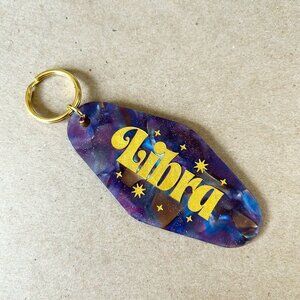 Libra Zodiac Astrology Resin Key Tag Keychain Gold Plated Brand New